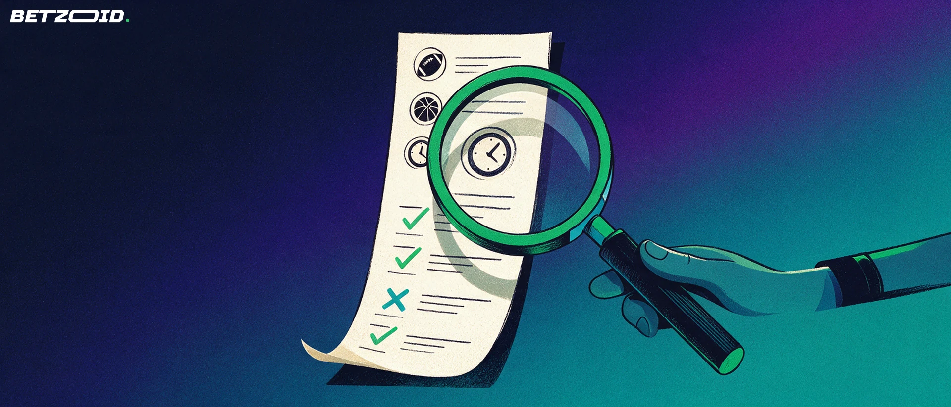 Illustration of a magnifying glass enlarging a paper betting slip marked with football and basketball symbols and check marks.