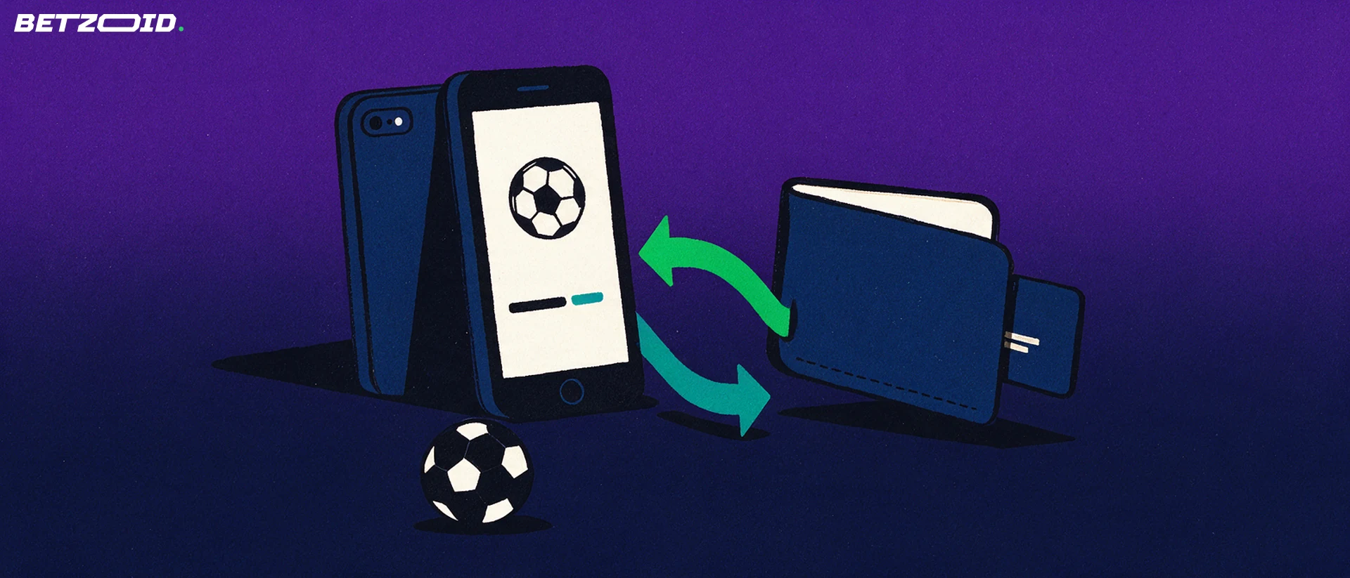 Illustration of a smartphone showing a football symbol linked by two curved arrows to a wallet, suggesting deposits and withdrawals.