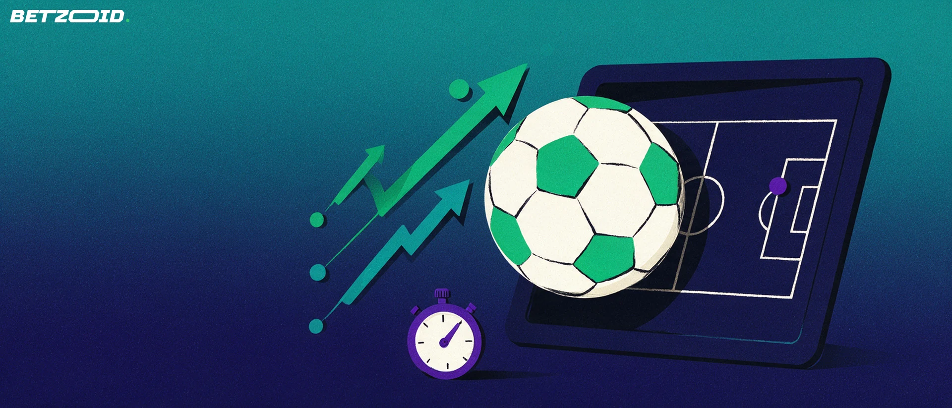 Illustration of a football with rising arrows beside a tablet showing a simple pitch outline and a stopwatch, symbolising live sports betting.