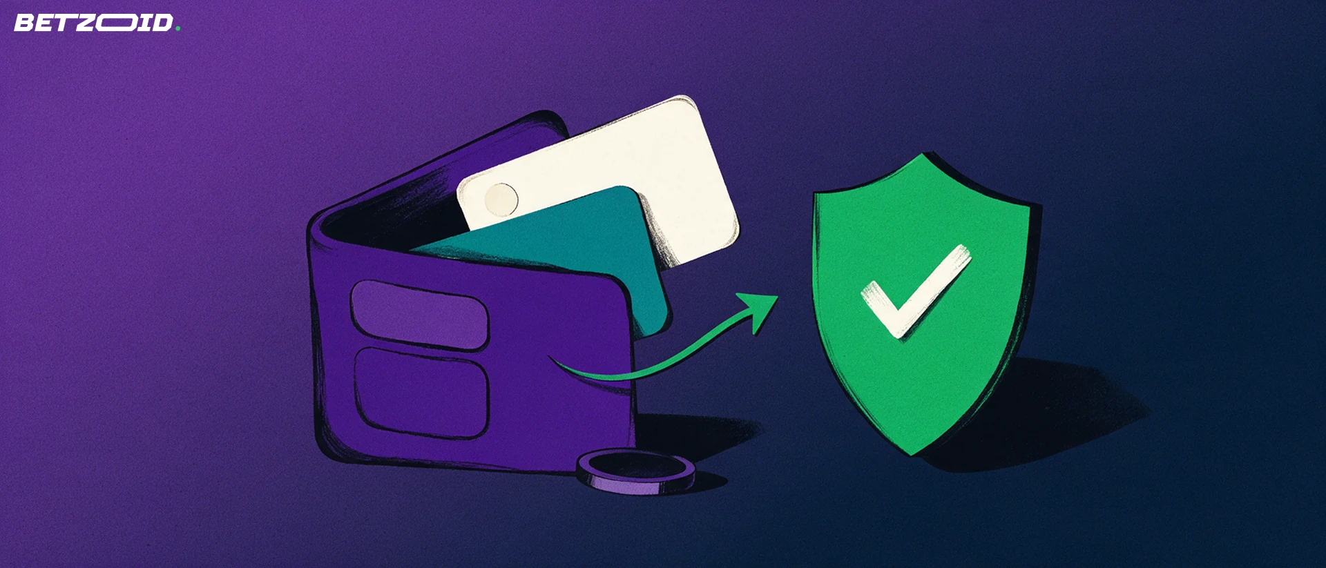 Illustration of an open wallet with two plain payment cards and a green shield with a checkmark, connected by a curved arrow, representing betting deposits and withdrawals.