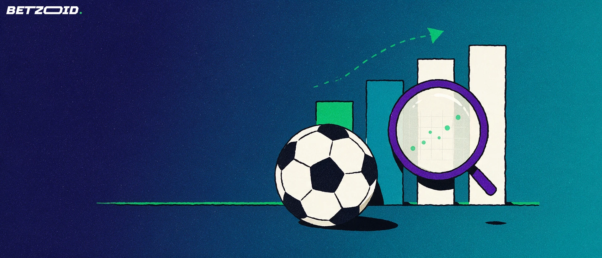 Illustration of a magnifying glass inspecting rising statistic bars and a forecast arrow behind a football