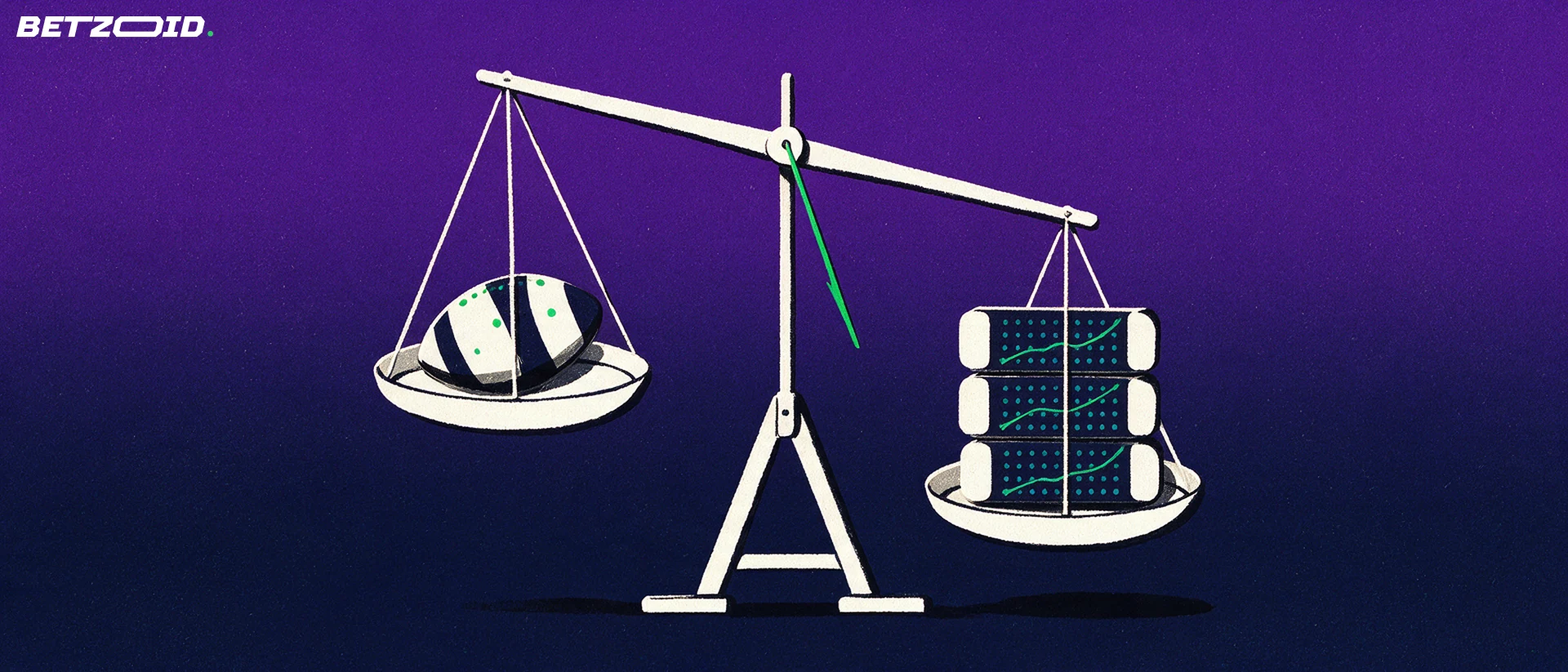 Illustration of a balance scale weighing a football against a stack of slabs covered in data dots and a plotted curve
