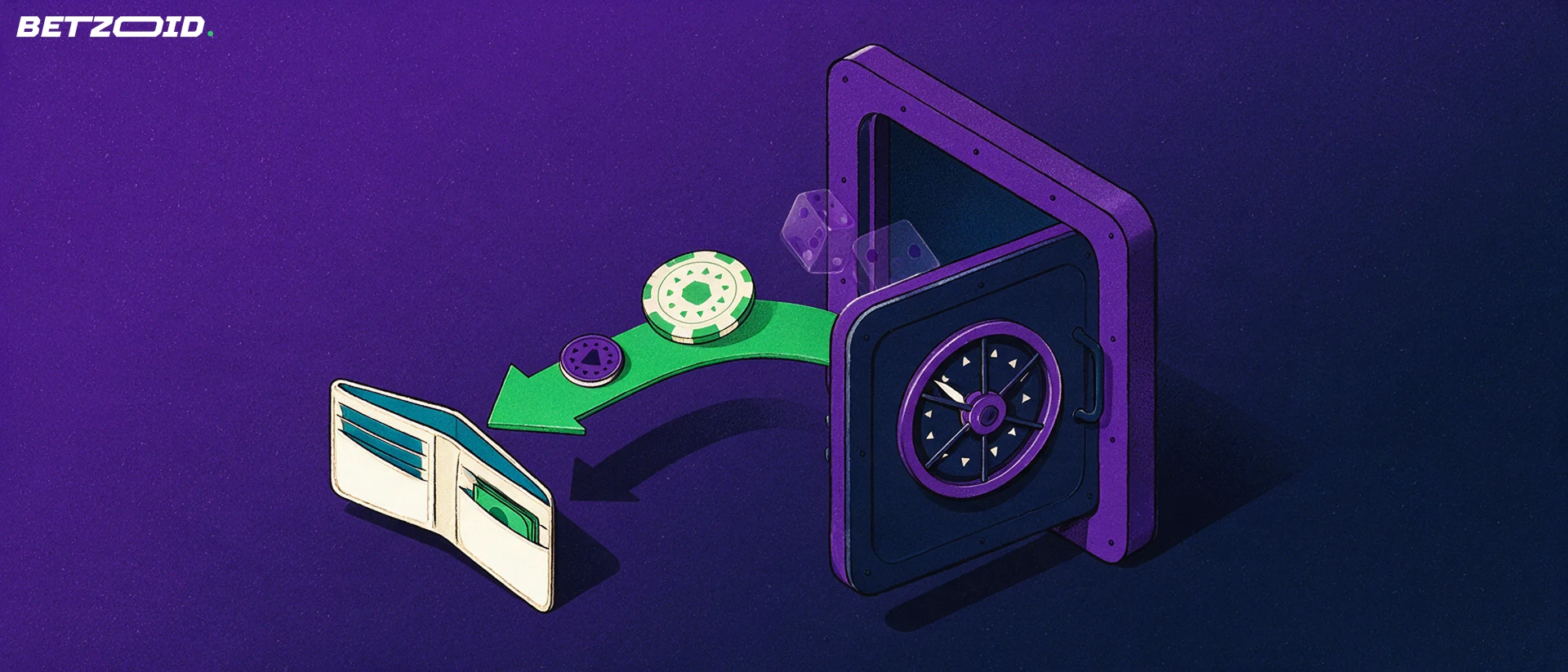 Illustration of a casino chip and token moving along a green arrow from a half-open vault door into an open wallet, with a die behind.