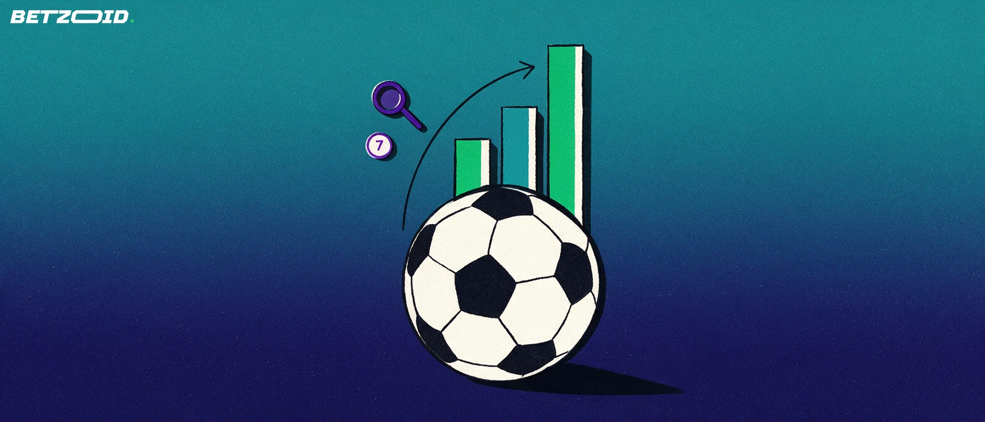 Illustration of a football beside rising bar-chart columns with a magnifying glass examining one bar