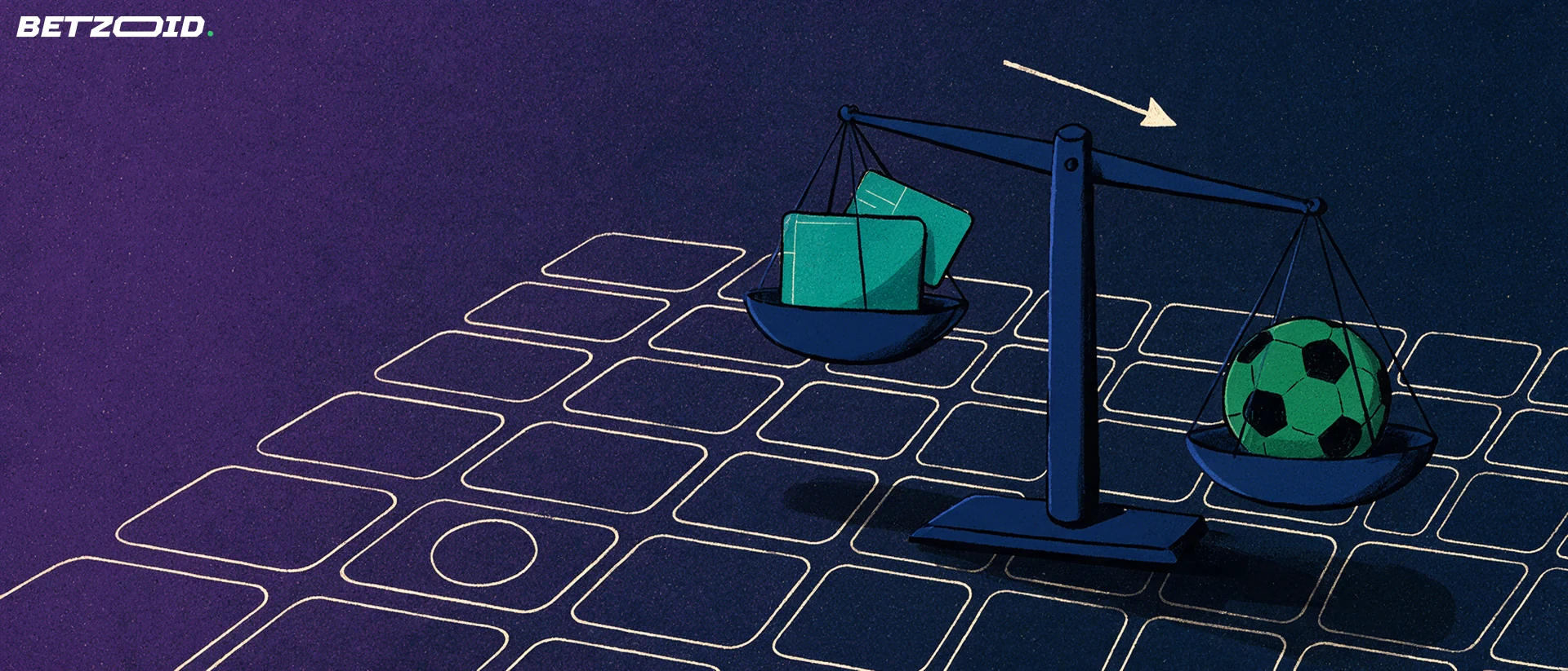Illustration of a balance scale weighing data cards against a football above a blank fixture grid
