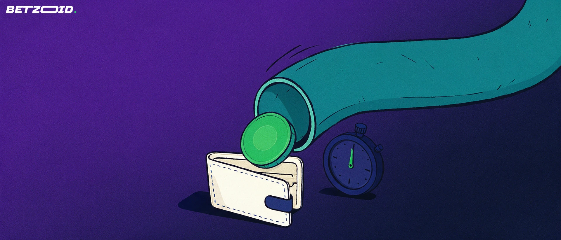 Ilustracja: zielona moneta zsuwa się teloną rynną do otwartego portfela, obok stoi stoper.