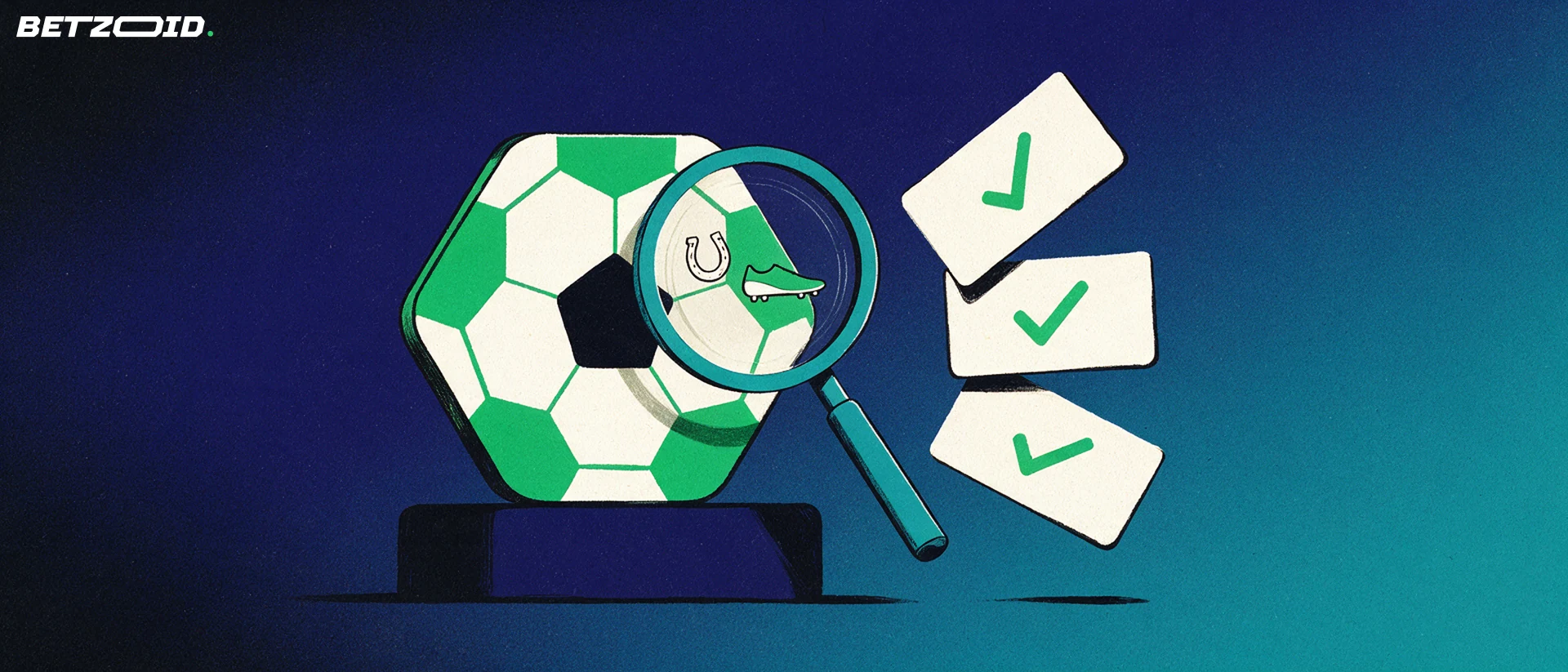 Illustration of a magnifying glass over a football-style token beside stacked betting slips with check marks