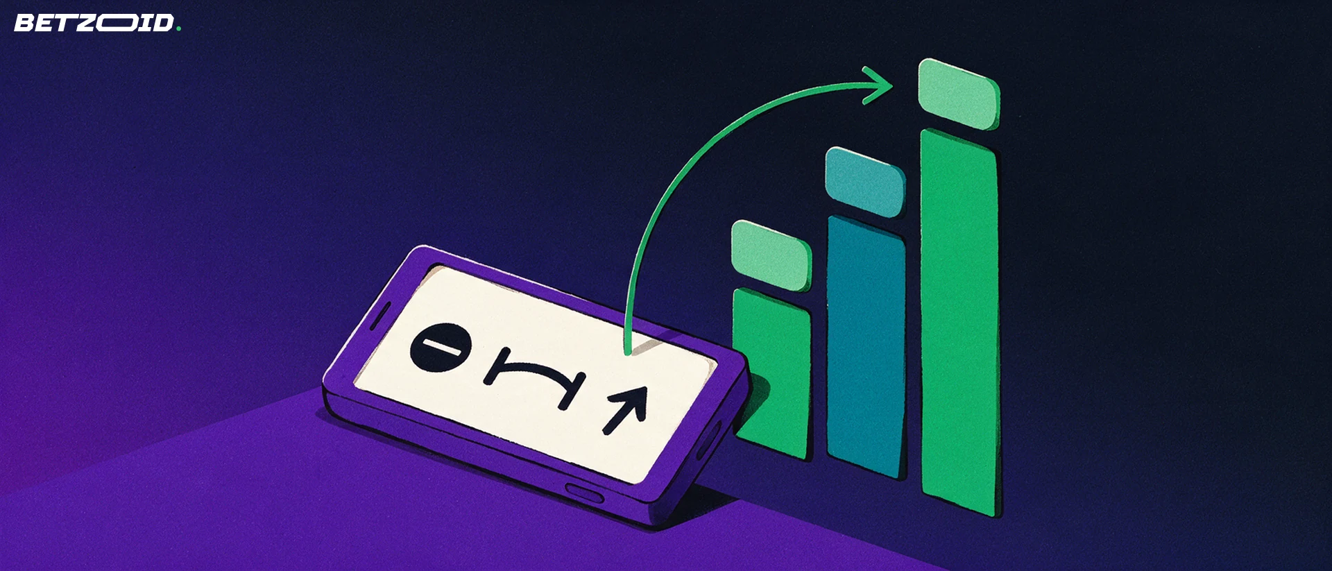 Illustration of a handheld device with sport symbols beside rising market bars and a curved arrow