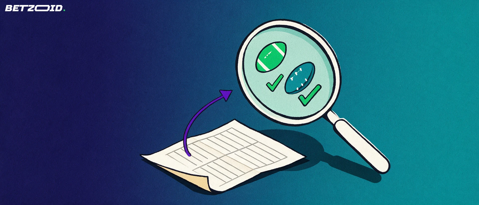 Illustration of a large magnifying glass enlarging a paper betting slip that shows football and rugby symbols with check marks.