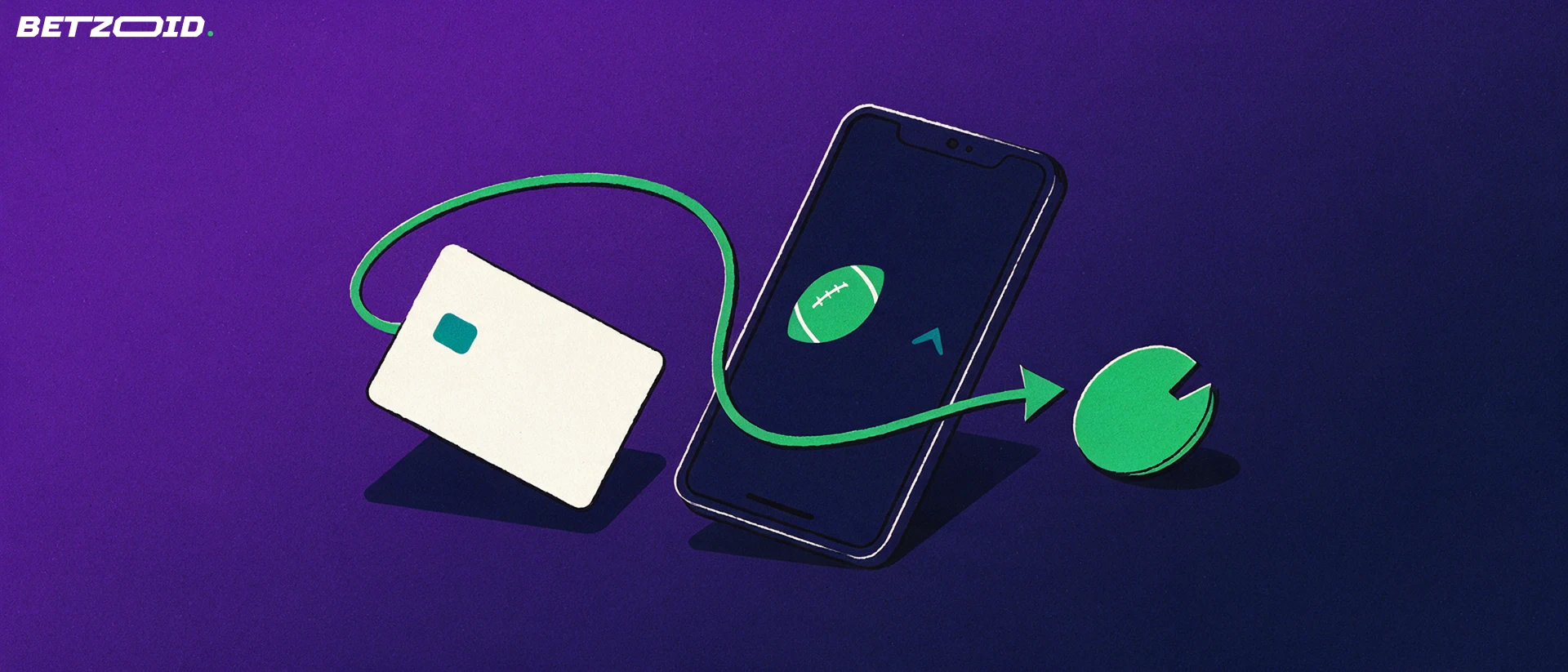 Illustration of a tilted smartphone showing a football symbol, linked by a green arrow to a blank payment card and a plain token.