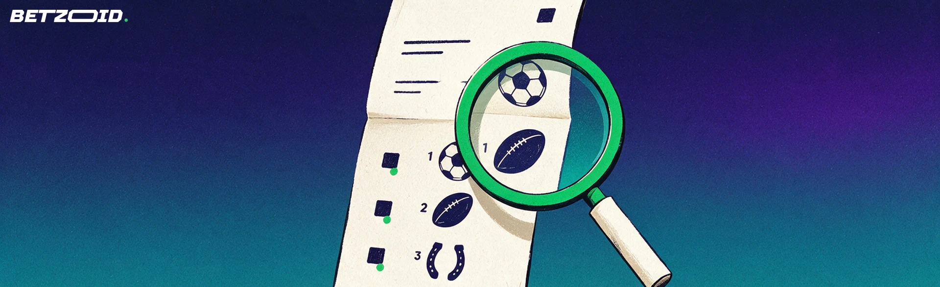 Illustration of a magnifying glass inspecting an oversized betting slip printed with soccer, rugby and horseshoe symbols