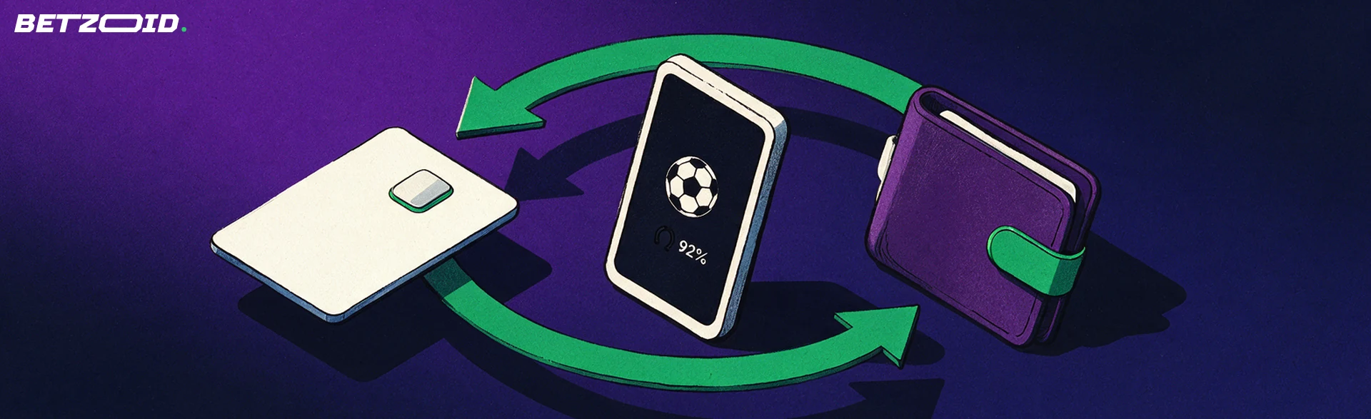 Illustration of a bank card, a phone showing sport symbols and a wallet linked by green arrows in a loop