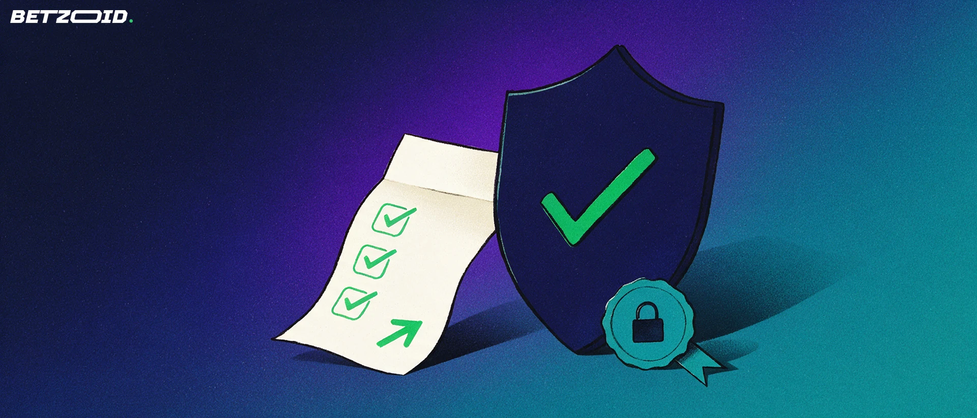 Illustration of a shield with a check mark, an approval seal with padlock and a folded betting slip.
