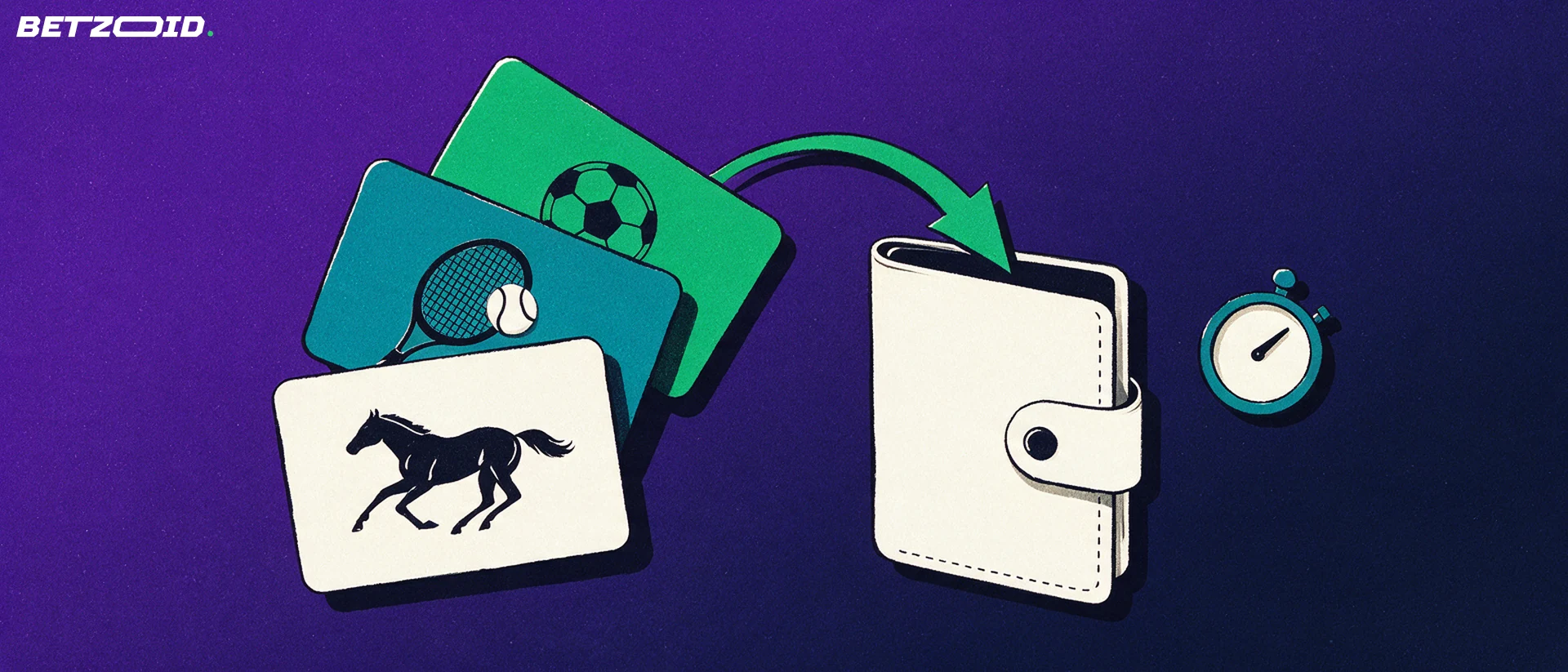 Illustration of three sports selection cards with football, tennis and horse racing icons, an arrow leading into a wallet beside a stopwatch.