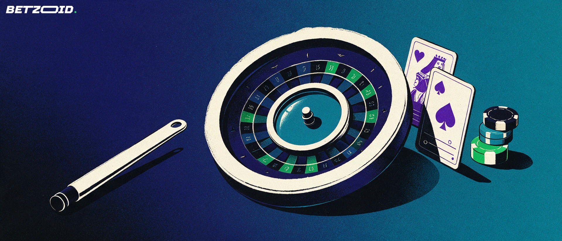 Illustration of a tilted roulette wheel with a magnifying-glass hub beside playing cards and casino chips