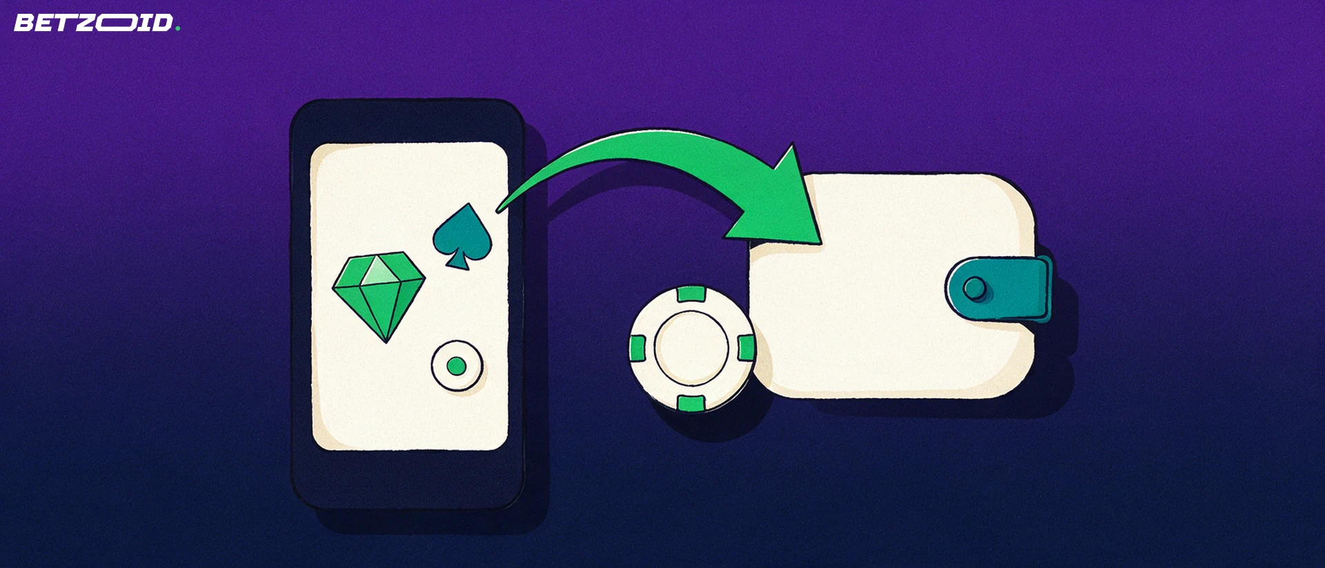 Illustration of a phone showing simple casino game symbols with a green arrow curving into a wallet