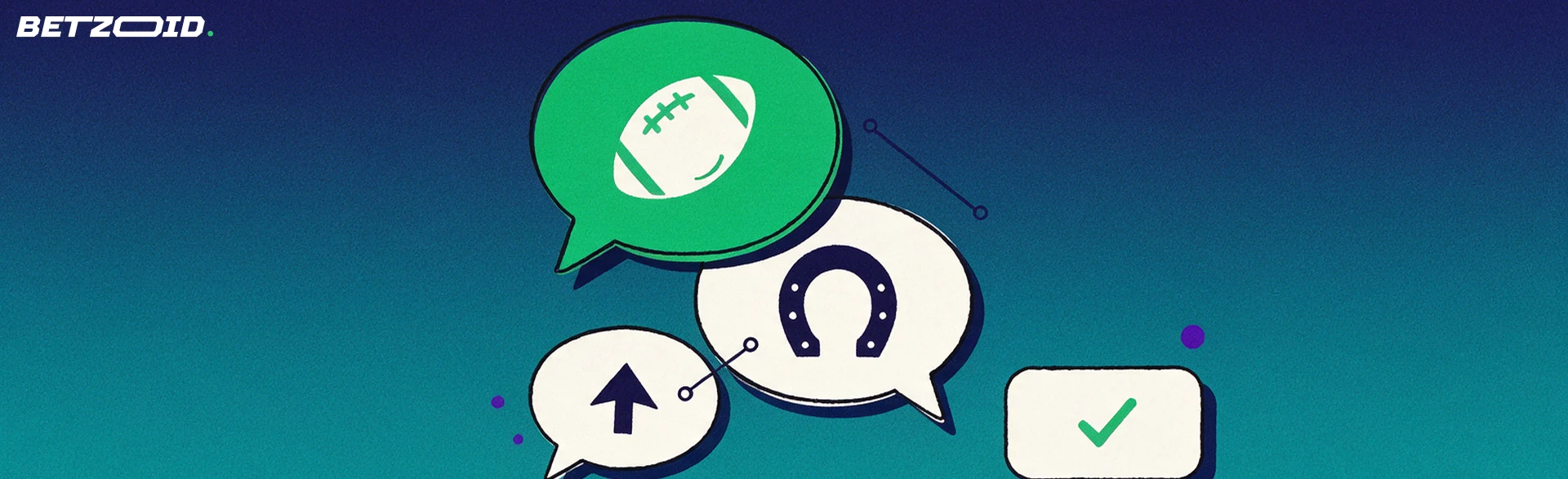Illustration of overlapping speech bubbles containing sport symbols connected by lines, representing social betting tips being shared