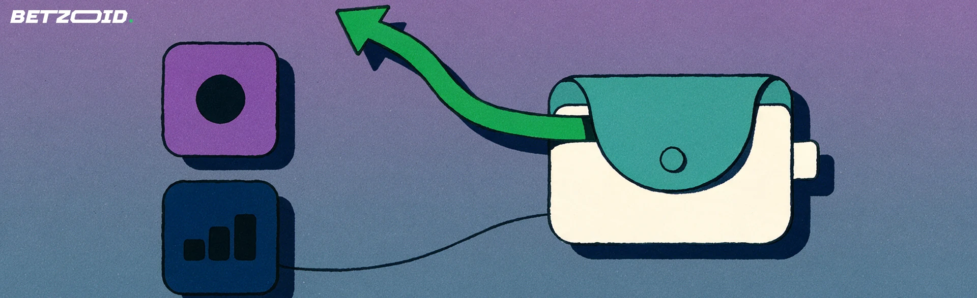 Illustration of an open wallet with a green arrow curving upward beside two tiles marked with simple odds symbols