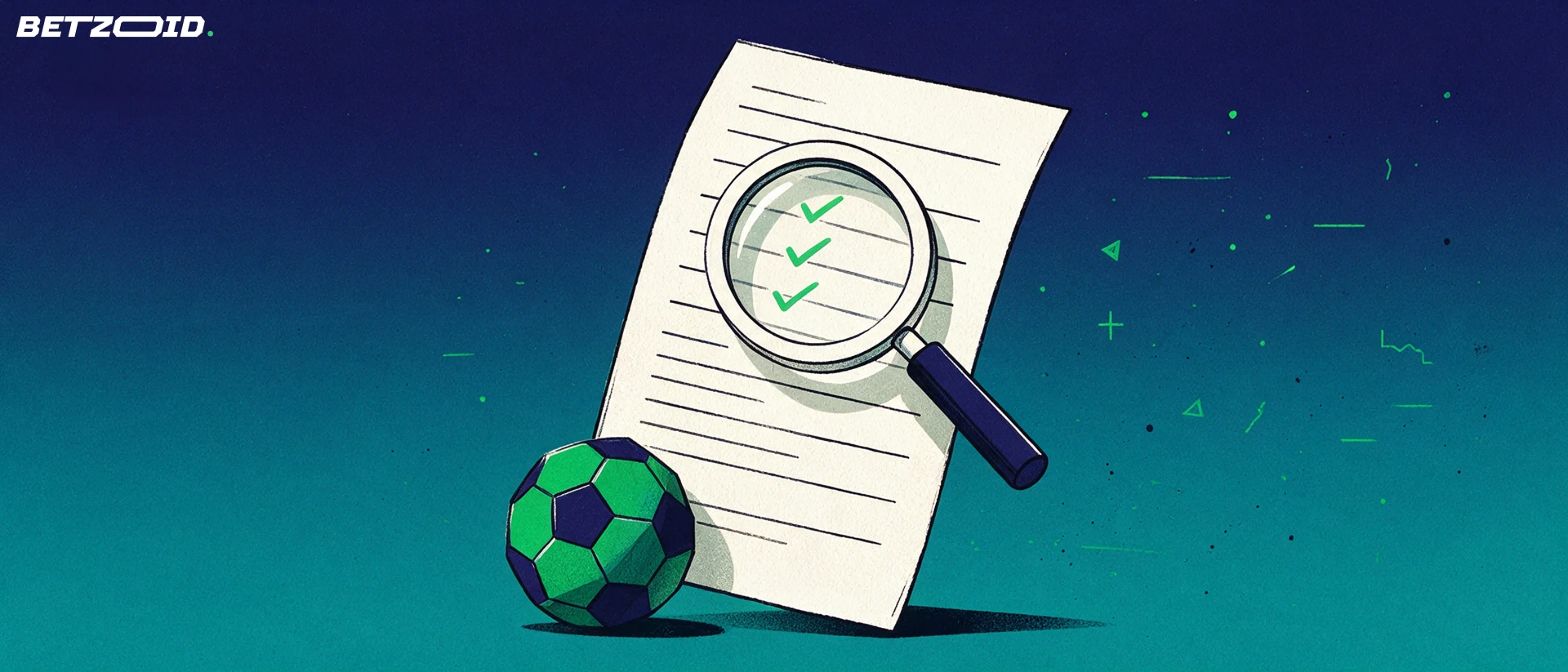 Illustration of a magnifying glass revealing green check marks on a large blank betting slip beside a football