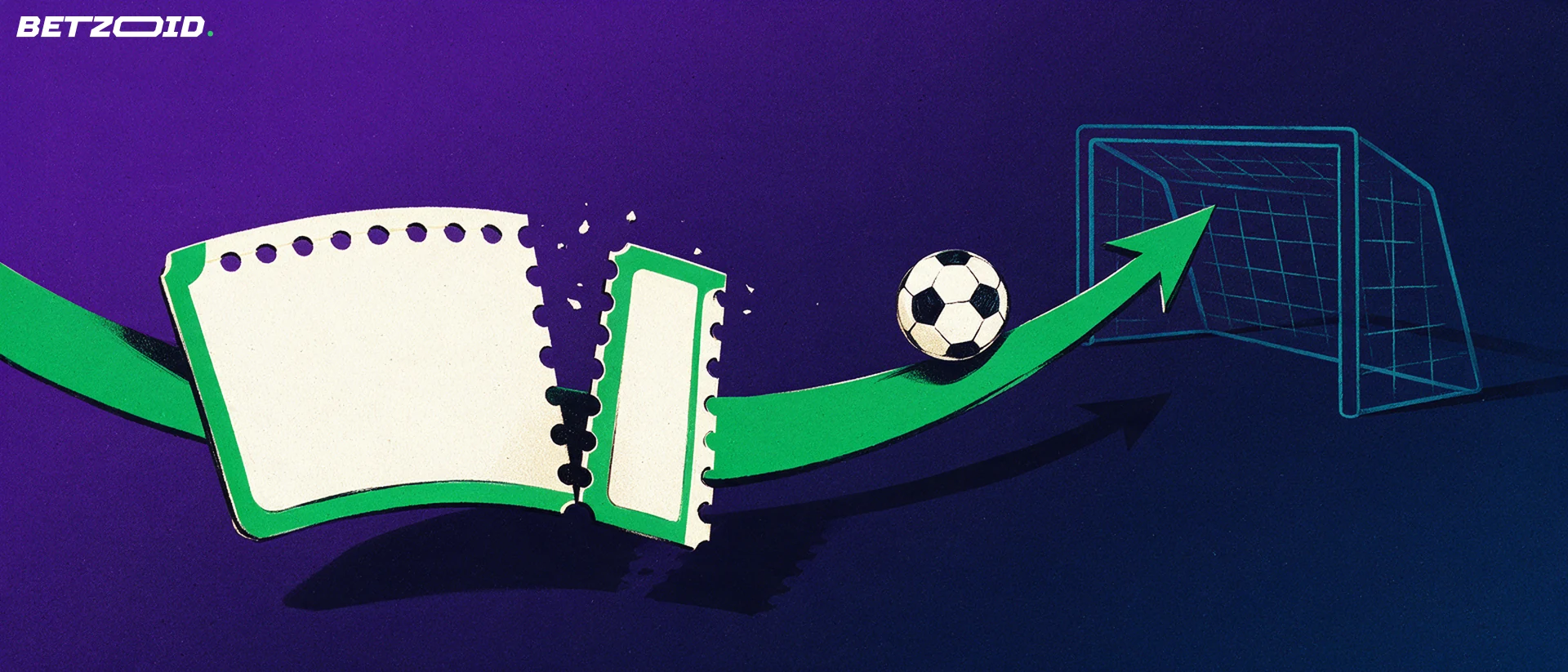 Illustration of a perforated coupon ticket launching a football along a green arrow toward an outlined goal frame