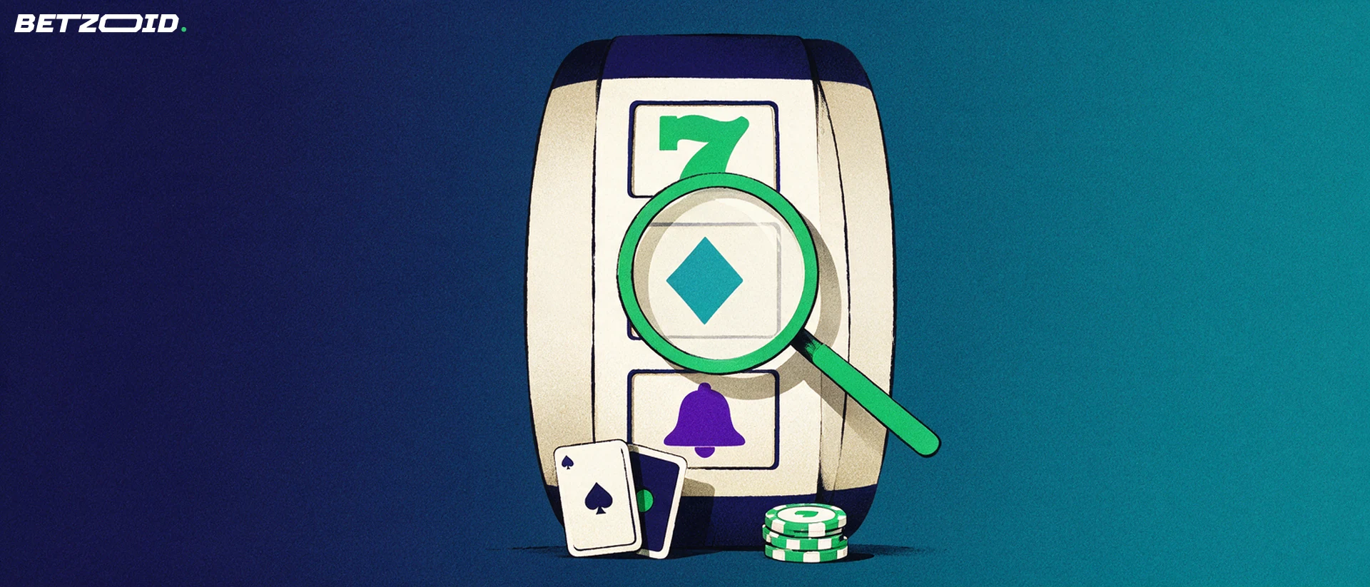 Illustration of a large magnifying glass examining a slot reel drum with simple symbols, beside playing cards and a casino chip.
