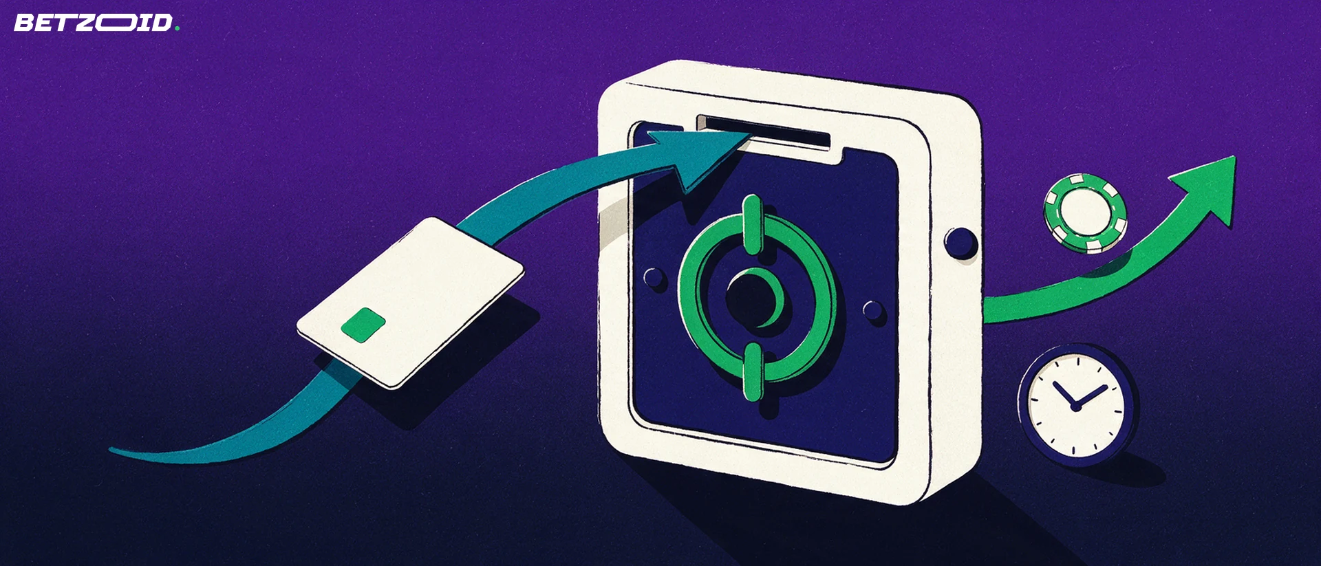 Illustration of a bank card travelling along an arrow into a safe while a green arrow returns a casino chip, with a small clock nearby.