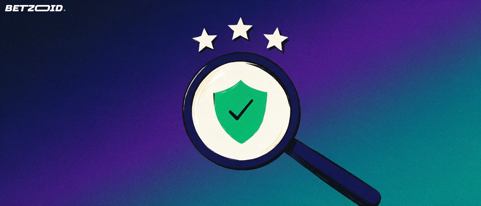 Illustration of a magnifying glass revealing a shield with a tick, with three stars above it