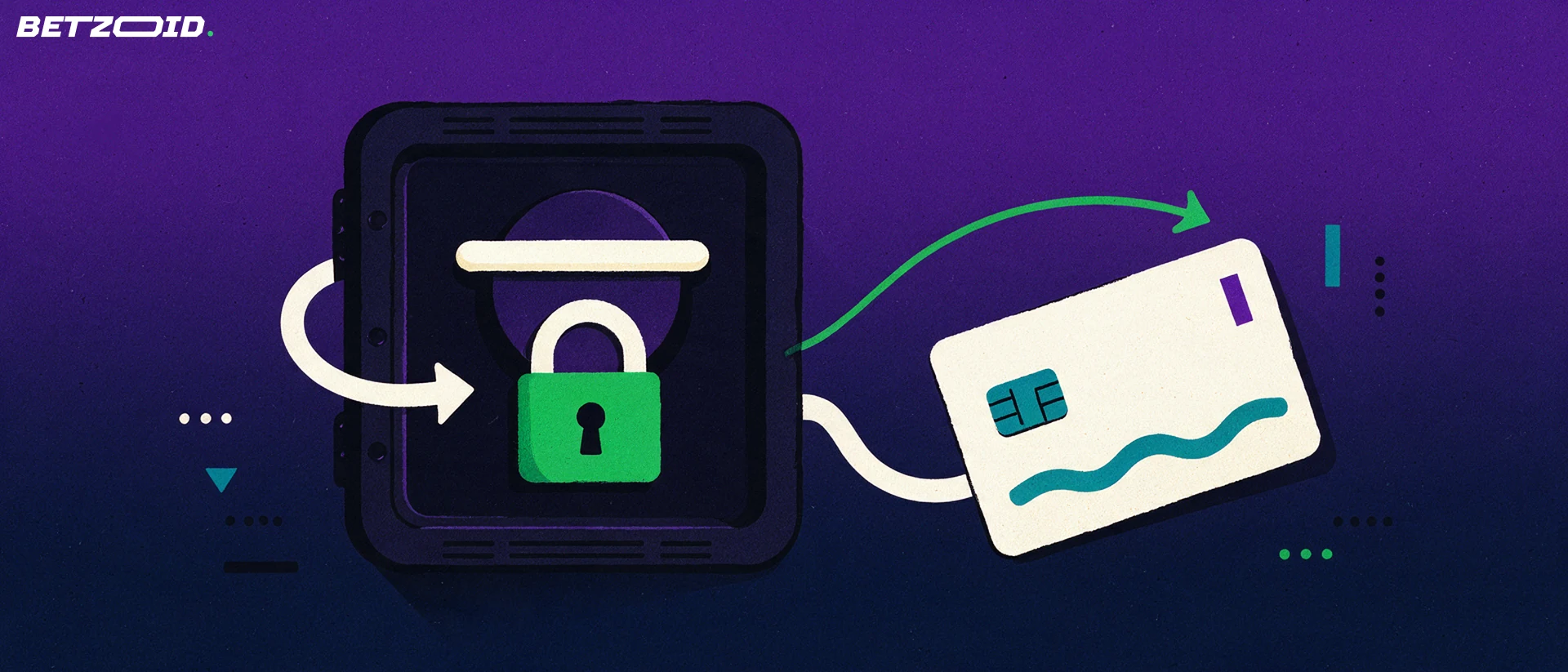 Illustration of a bank card connected by curved arrows to a locked vault door, showing payments in and out