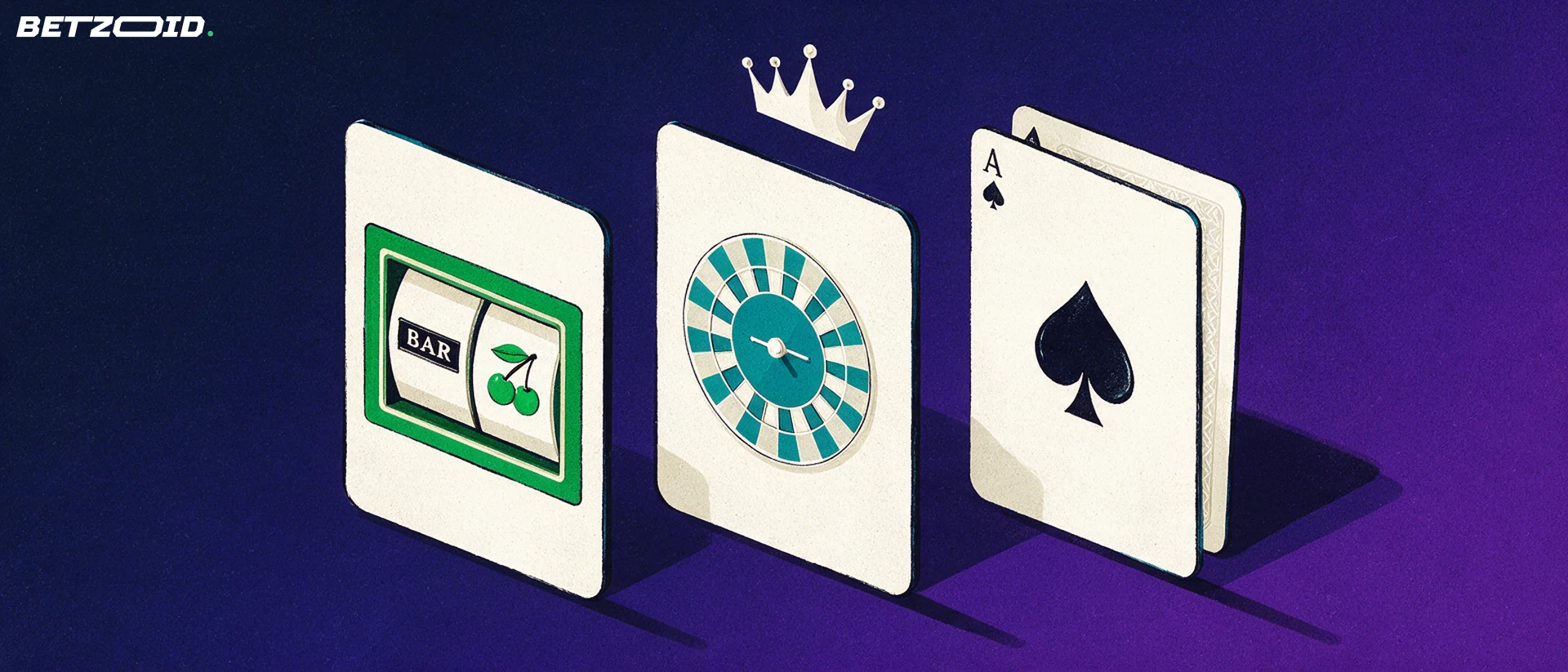 Illustration of three upright card-shaped panels showing a slot reel, a roulette wheel and blackjack cards, with a small crown above the centre.