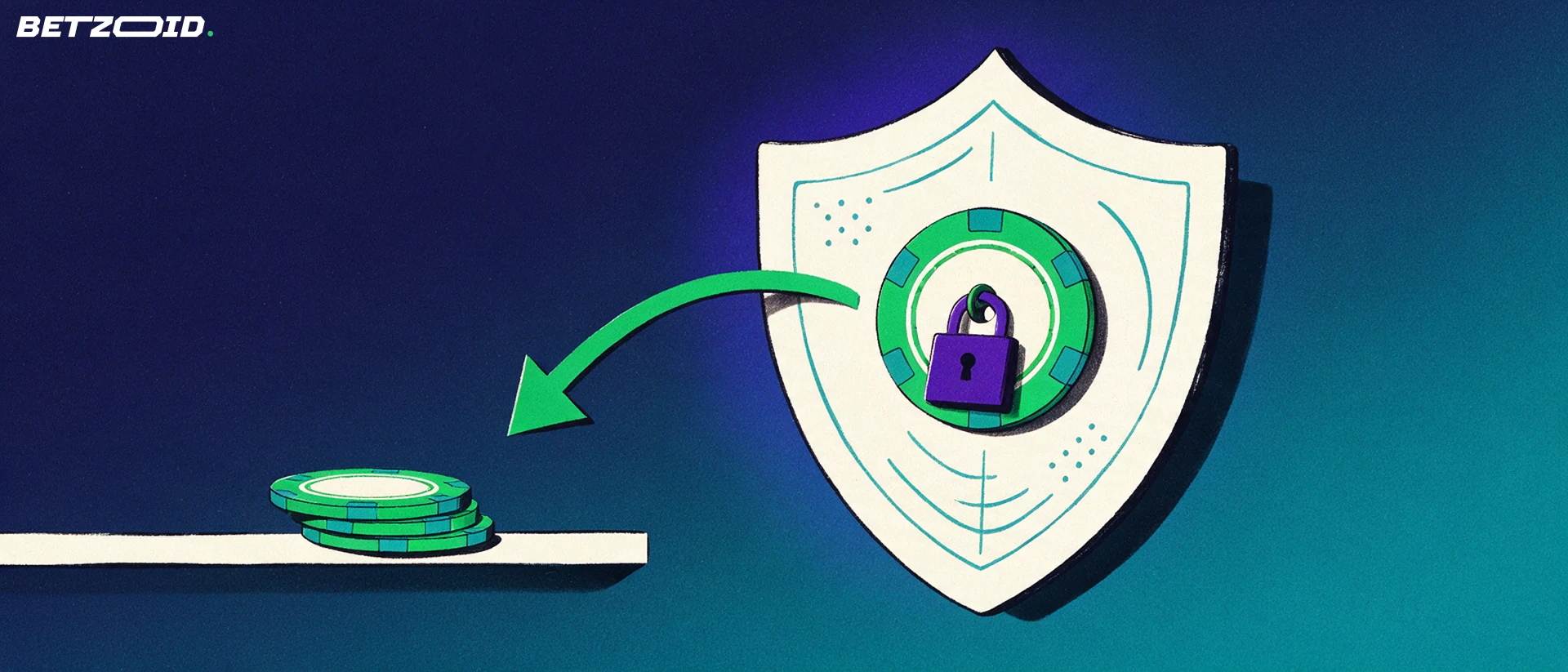 Illustration of a shield holding a padlocked casino chip with a curved arrow leading to a small stack of chips on a ledge.