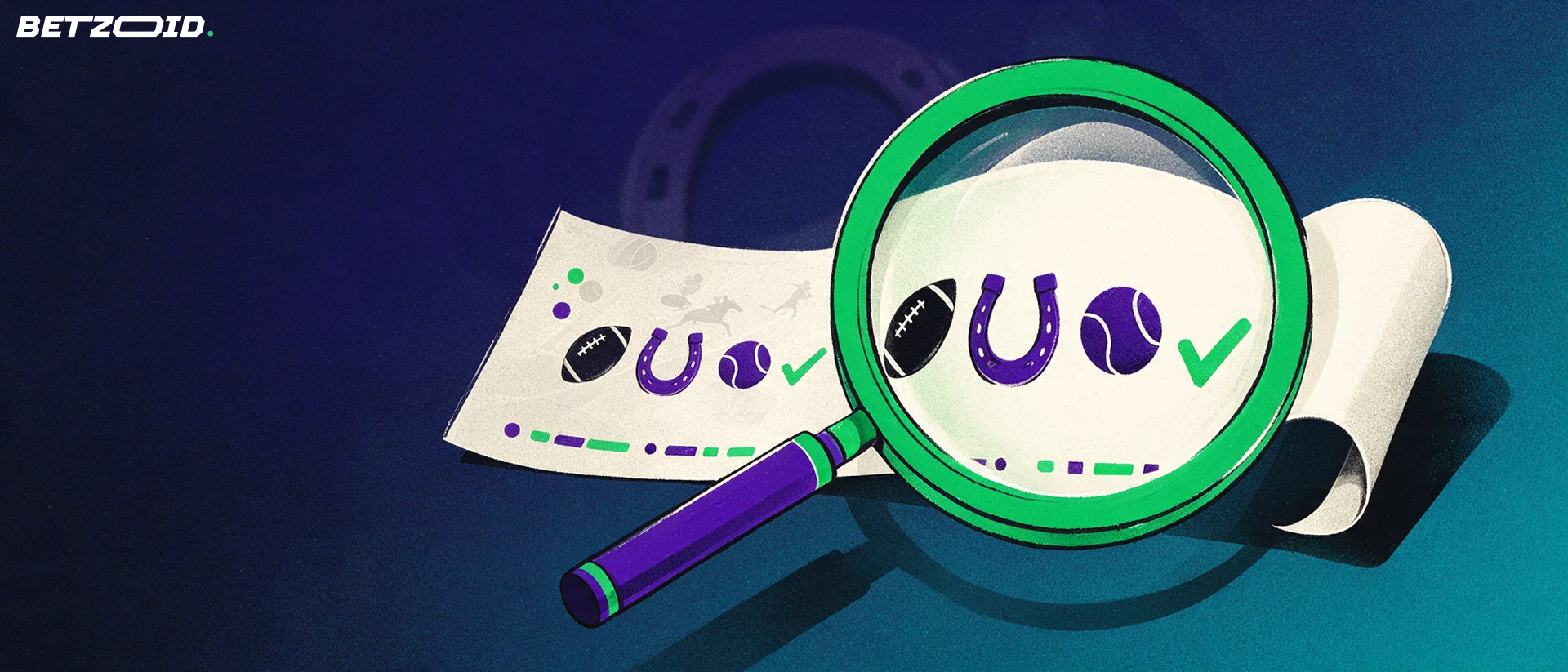 Illustration of a large magnifying glass examining a betting slip marked with football, horseshoe and tennis icons