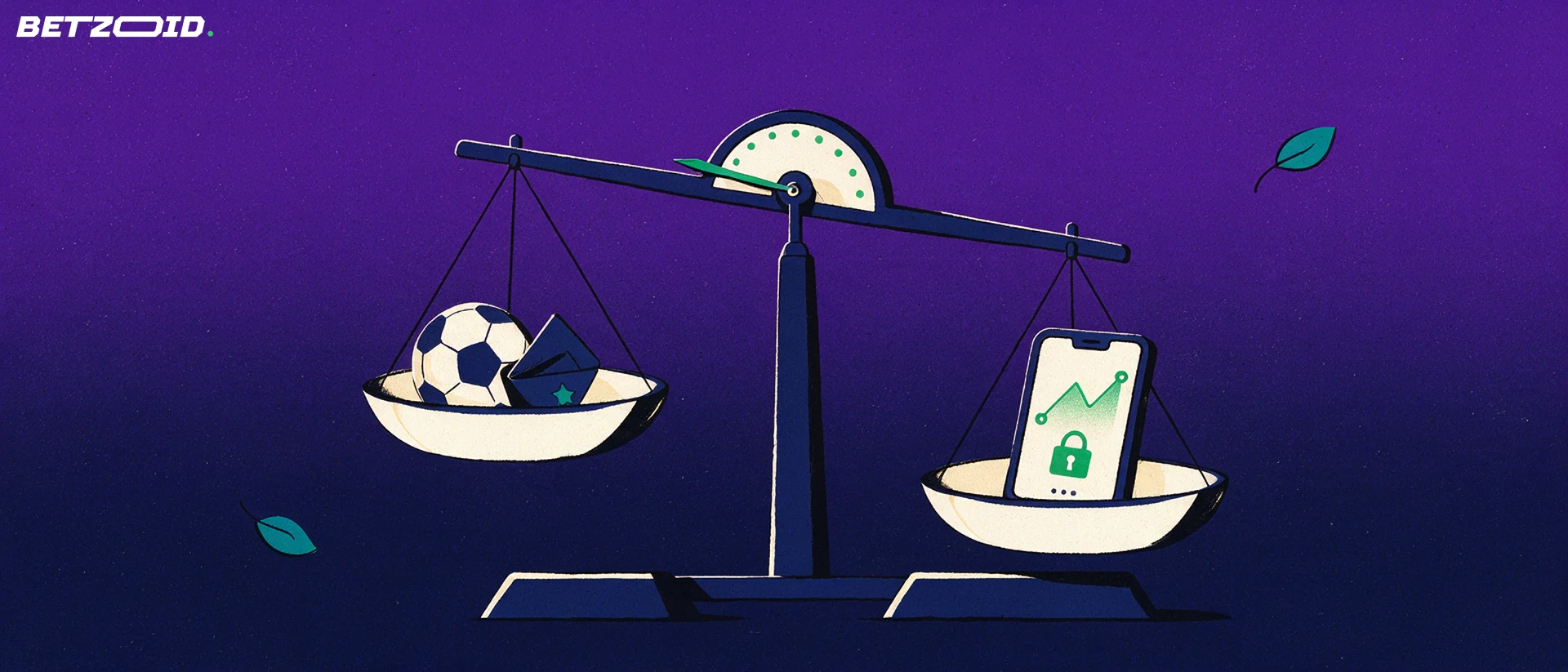 Illustration of a balance scale weighing sports betting symbols against a phone showing a graph and padlock