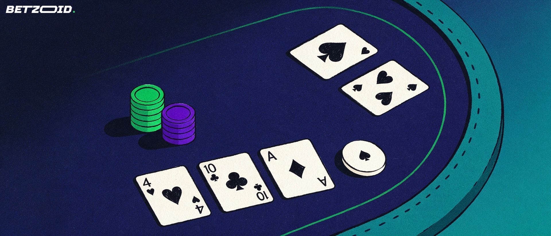 Illustration of a poker table segment seen from above with hole cards, community cards, chip stacks and a dealer button