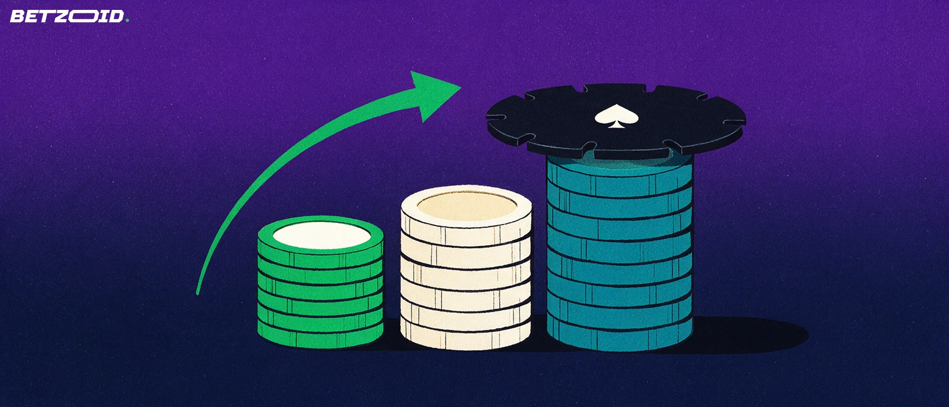 Illustration of rising poker chip stacks forming steps that lead up to a small oval poker table with nine seats