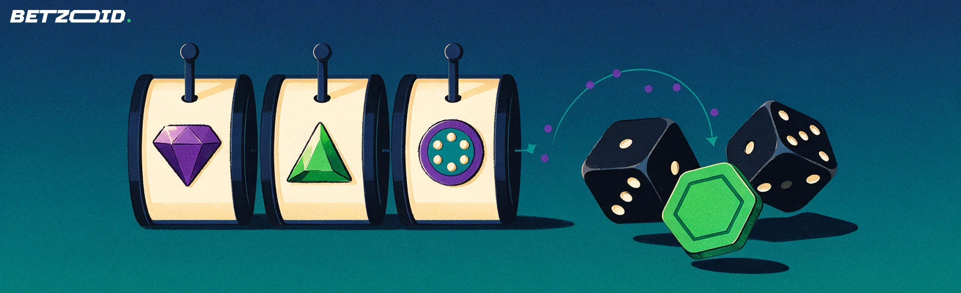 Illustration of three slot-machine reels with gem symbols beside two dice and a hexagonal crypto token.