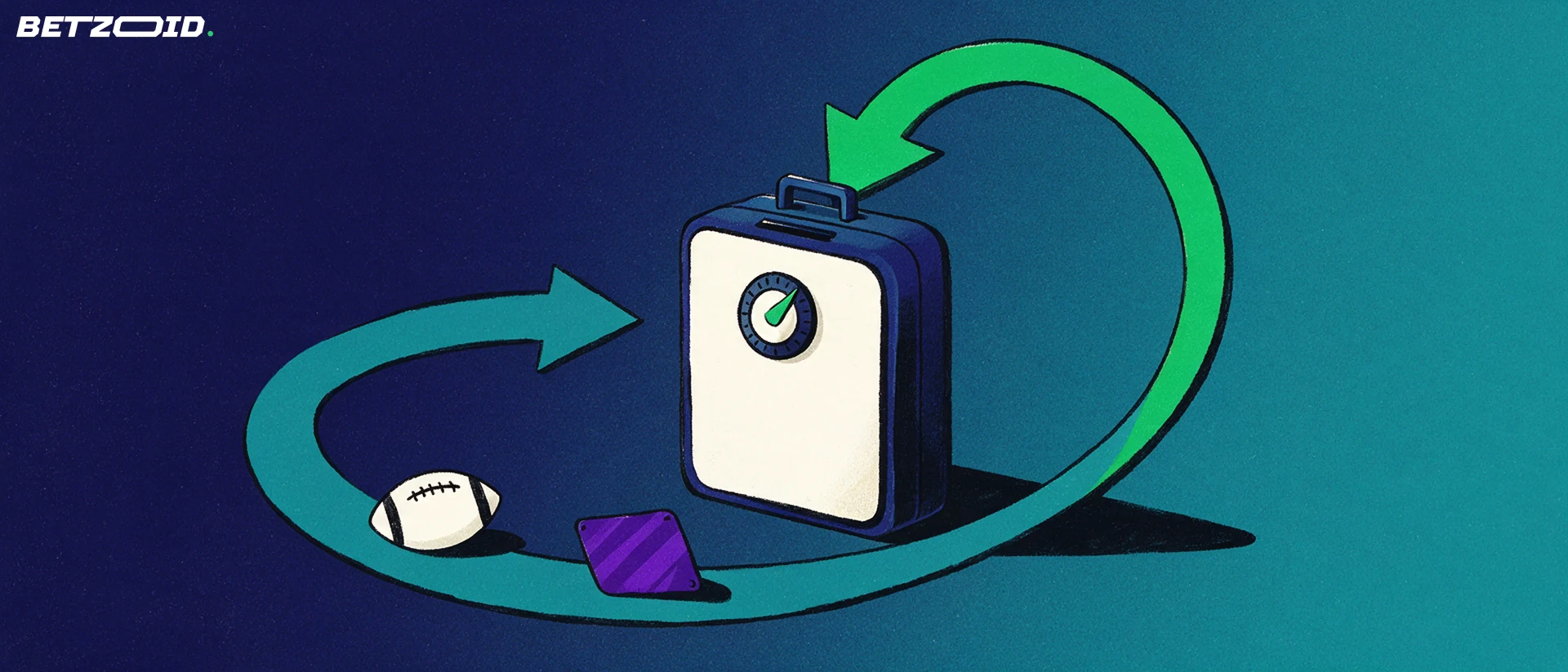 Illustration of an upright strongbox wallet with arrows curving in and out, beside an American football and a plain payment card shape.