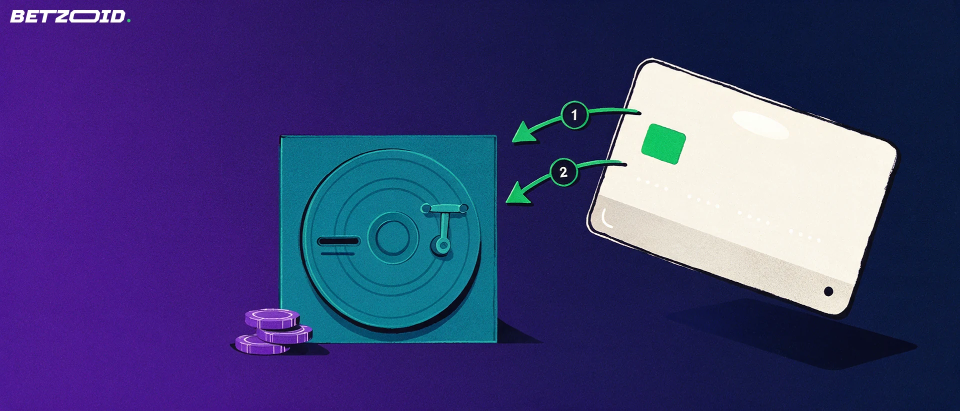 Illustration of a bank card with arrows curving toward a vault door beside two casino chips.