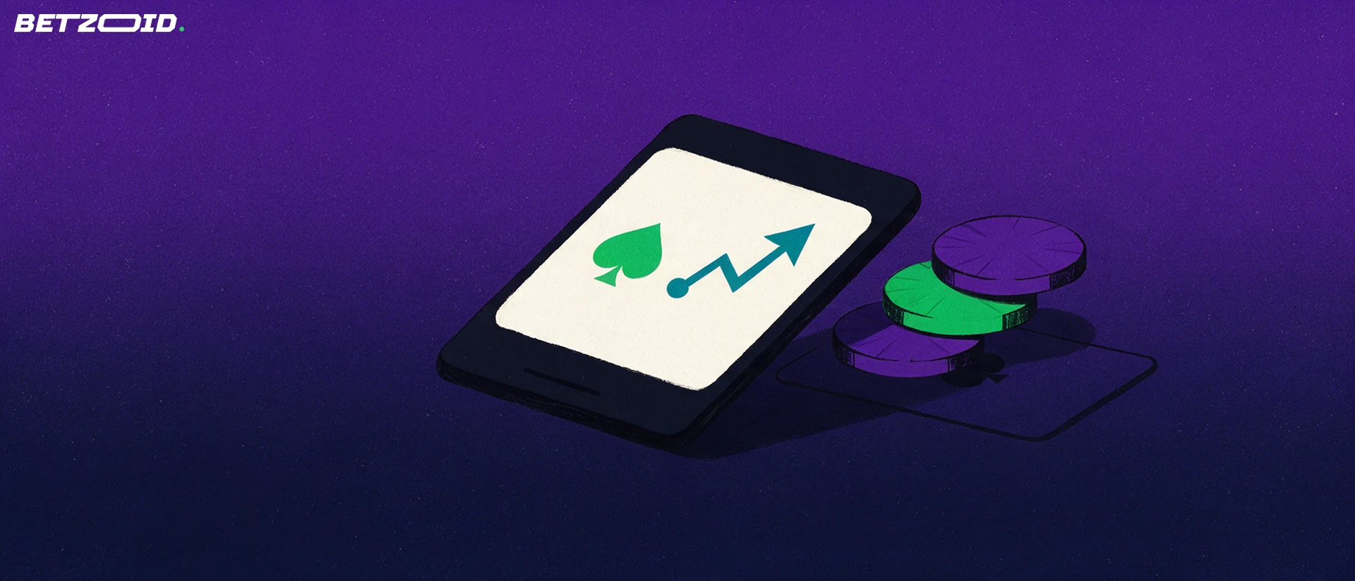 Illustration of a tilted smartphone showing a spade symbol and a rising arrow beside a stack of casino chips and a playing card.