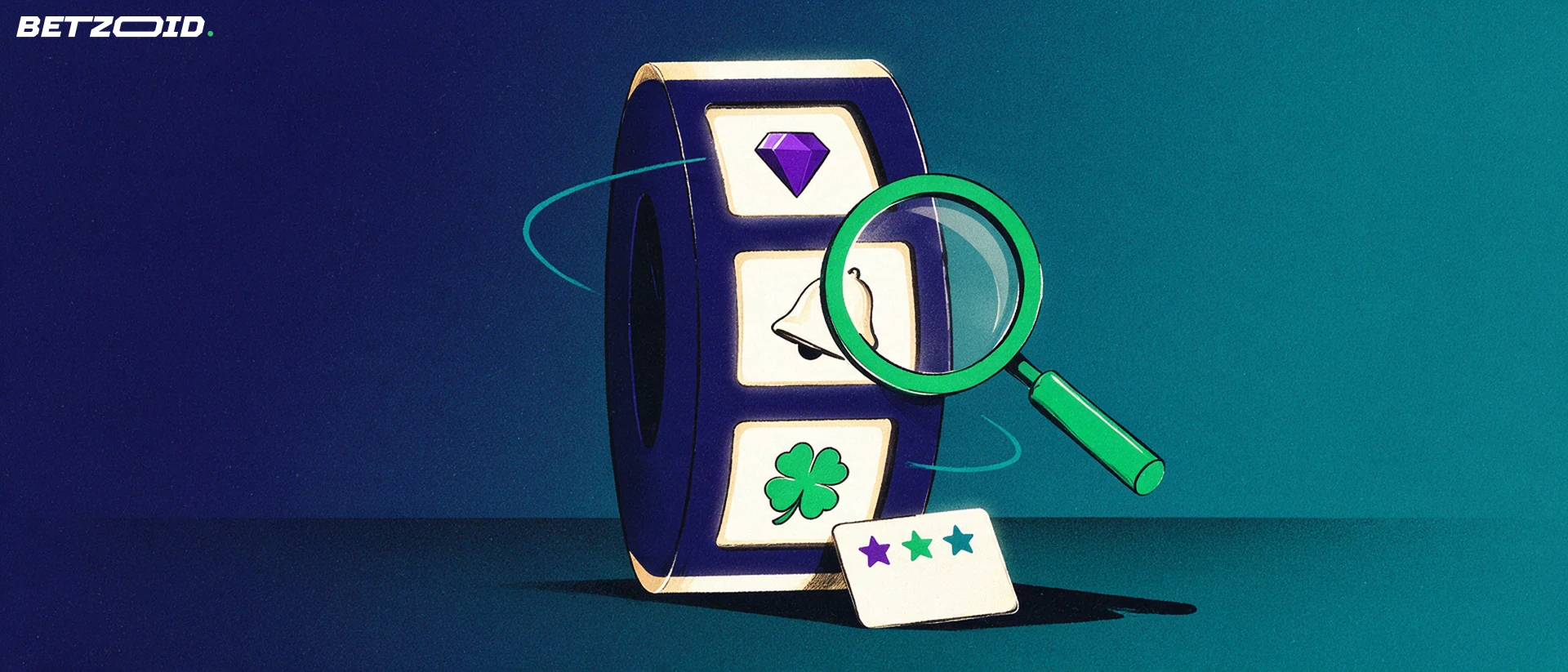 Ilustrace velkého válce hracího automatu se symboly a lupou, která zvětšuje prostřední symbol.