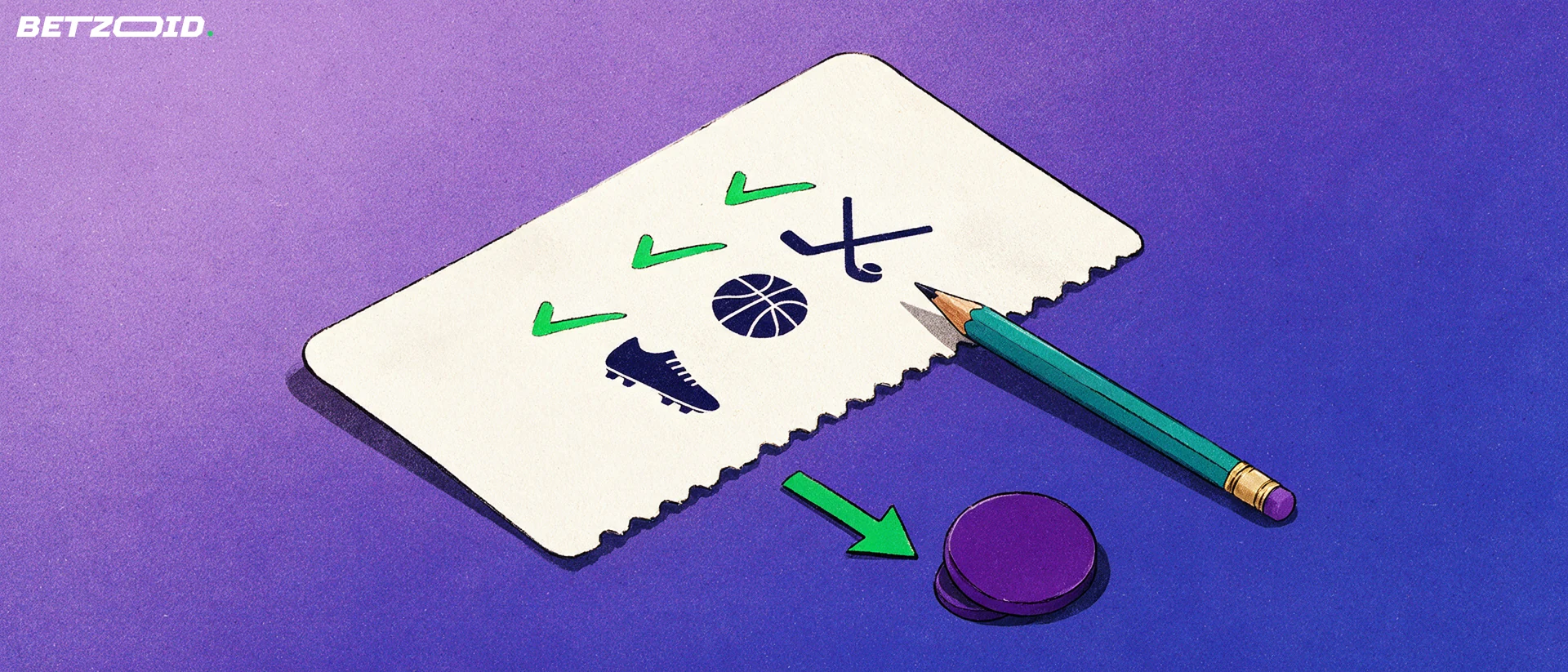 Ilustrace sázkového tiketu se sportovními symboly, zelenými fajfkami, tužkou a šipkou míříci k fialovému žetonu.