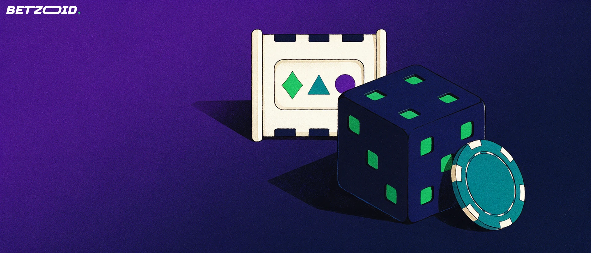 Ilustrace velké kostky, válce hracího automatu s geometrickými symboly a kasinového žetonu.