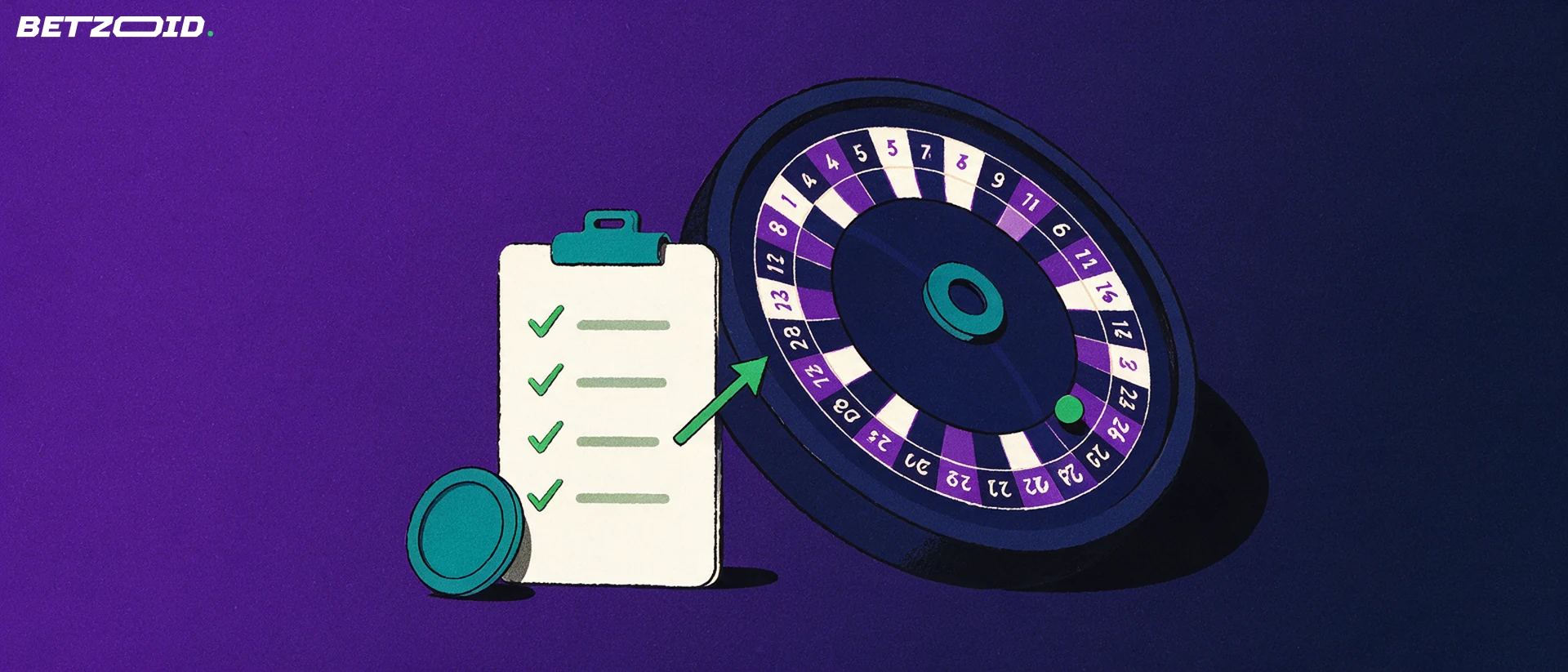 Ilustrace ruletového kola s formulářem se zelenými zatržítky a mincí