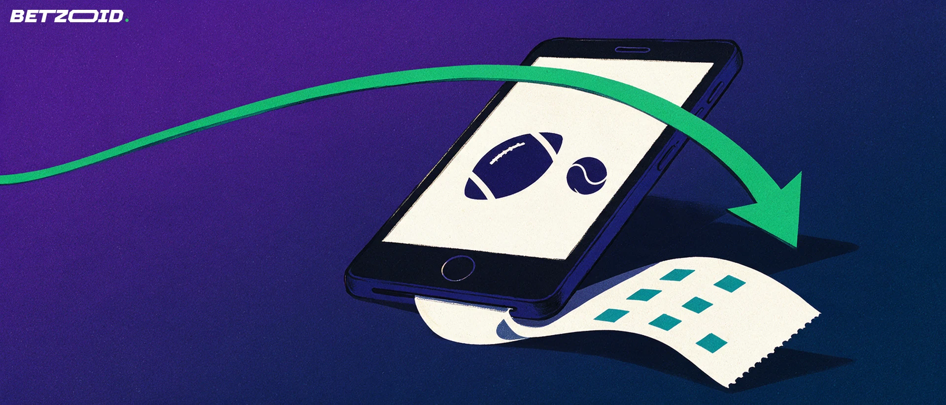 Illustration af en skråtstillet smartphone med fodbold- og tennissymboler på skærmen, en lang betting-kupon der ruller ud, og en grøn pil opad.