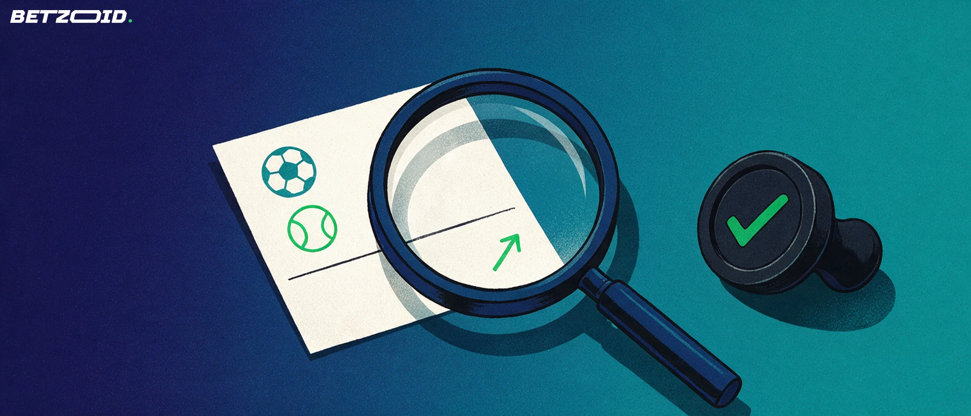 Illustration af et forstørrelsesglas der undersøger en tipskupon med fodbold- og tennissymboler ved siden af et stempel med flueben.