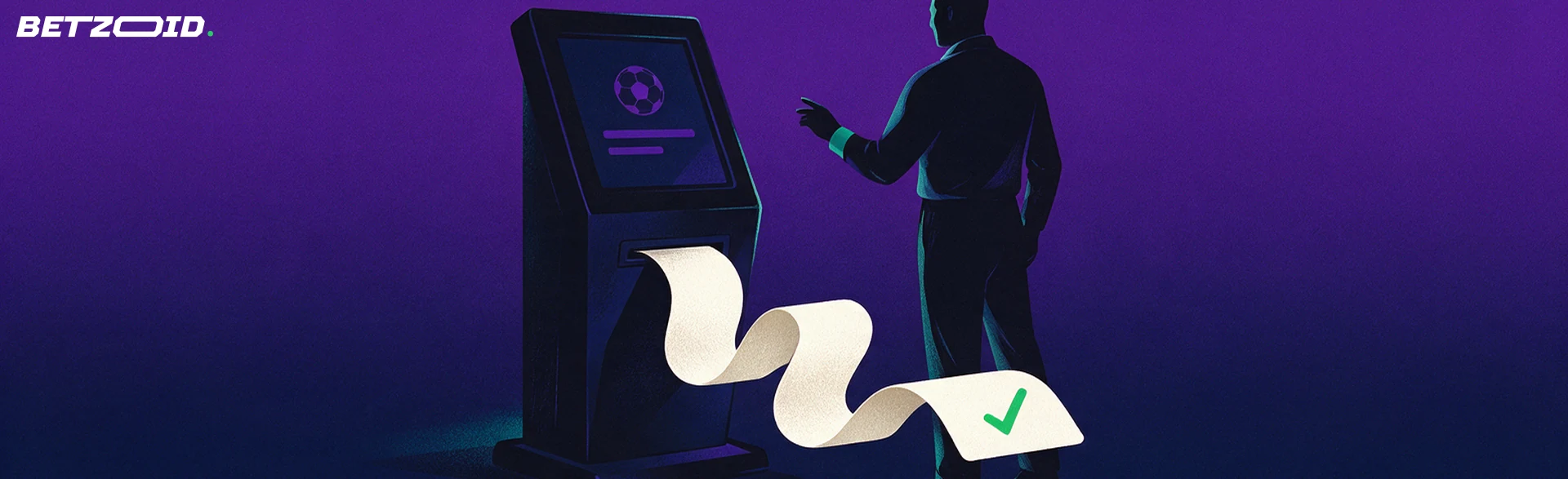 Illustration eines Wettterminals mit Fußballsymbol auf dem Display, aus dem ein langer Papierschein herausläuft, daneben eine stilisierte erwachsene Person.