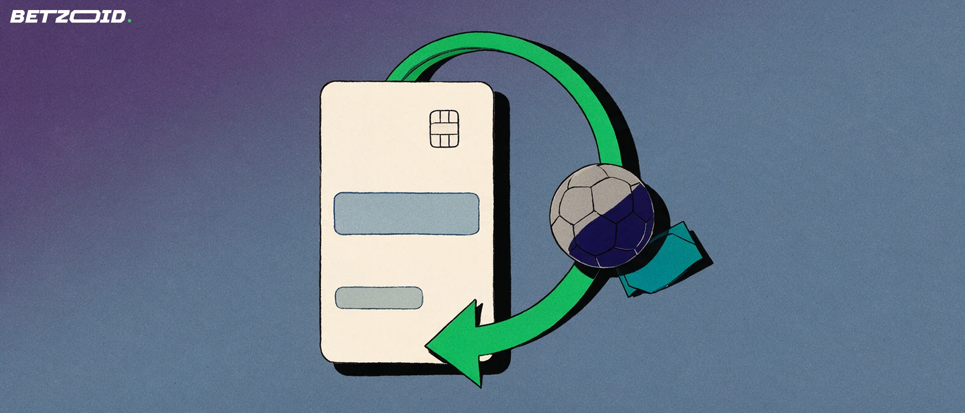 Illustration of an unbranded payment card with a green looping arrow, a football and a folded ticket representing sports betting deposits and withdrawals.