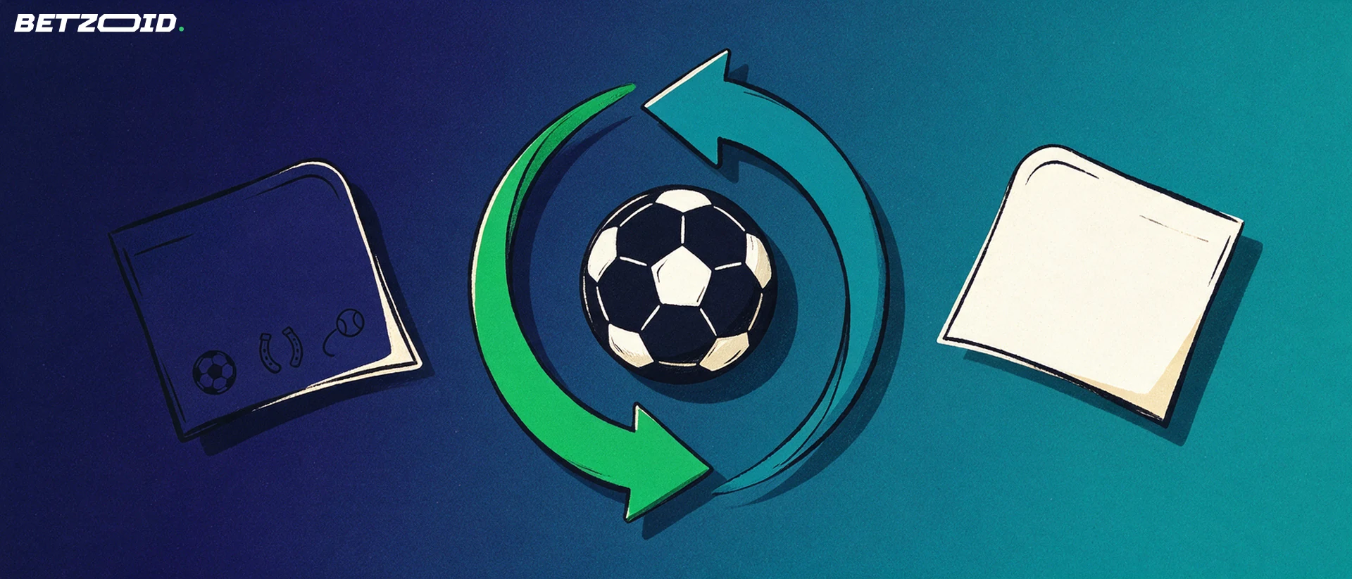 Illusztráció: focilabda két egymással szemben forduló nyíl körében, mellette két fogadószelvény sportikonokkal