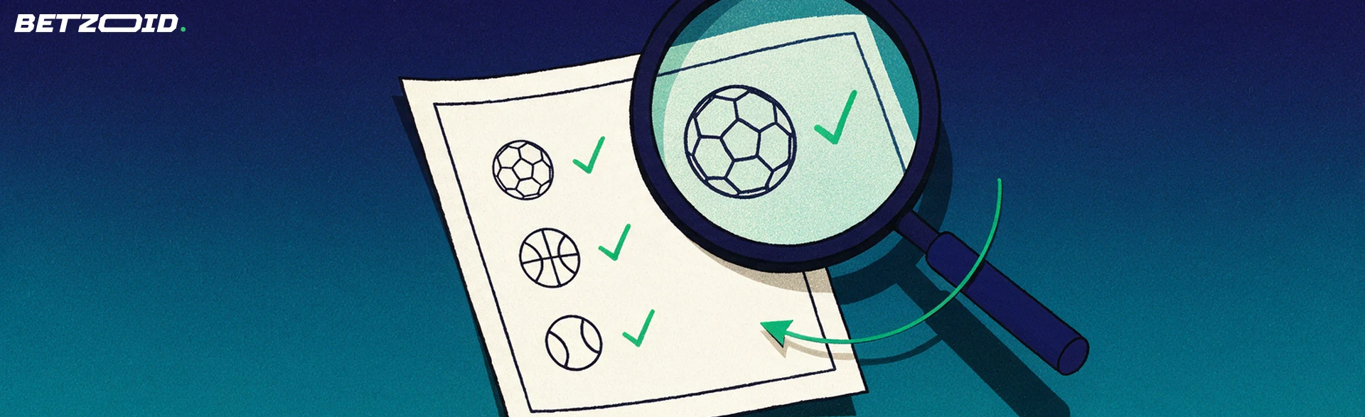 Illusztráció: nagyító vizsgál egy fogadószelvényt futball-, kosárlabda- és teniszjelekkel, mellettük zöld pipák.