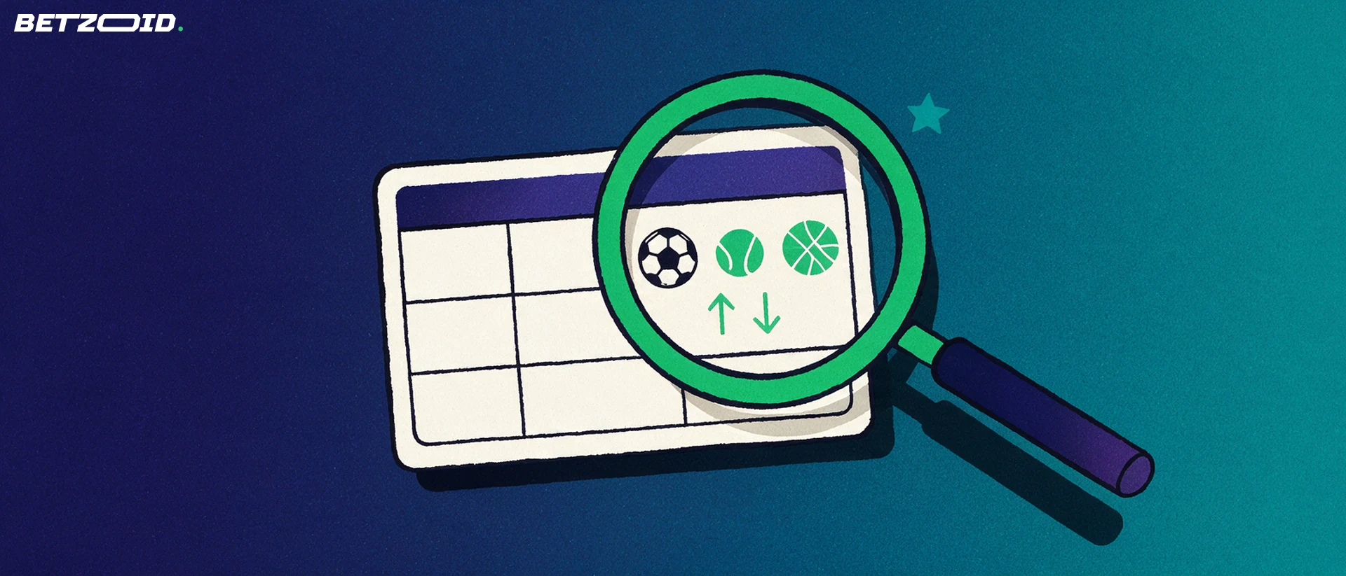 Illusztráció: nagyító vizsgál egy fogadószelvényt, amelyen egyszerű sportikonok és nyilak láthatók