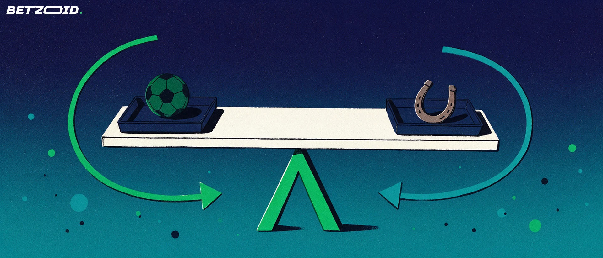 Illustration of a balancing beam on a green pivot with a football on one tray and a horseshoe on the other, encircled by two opposing curved arrows.